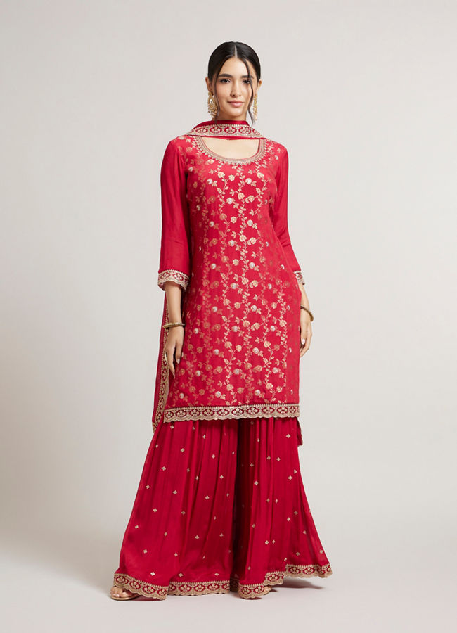 alt message - Mohey Women Red Radiance Stitched Suit image number 0