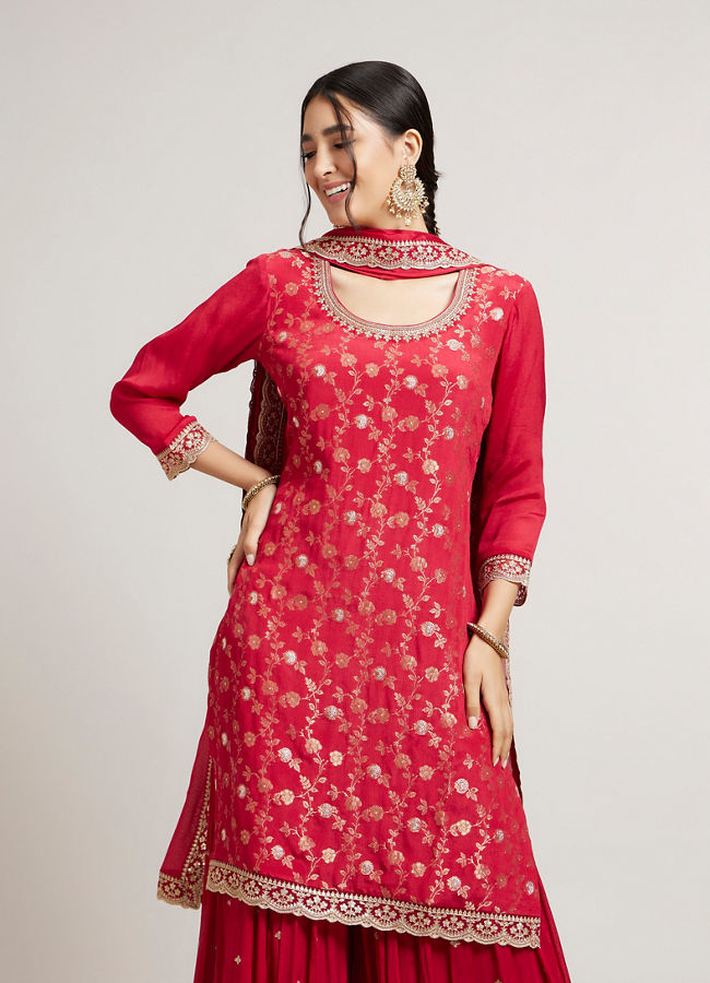 alt message - Mohey Women Red Radiance Stitched Suit image number 1