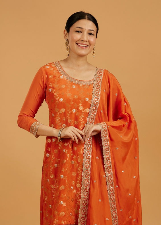 Mohey Women Pumpkin Orange Bel Buti Patterned Suit Set with Floral Butas