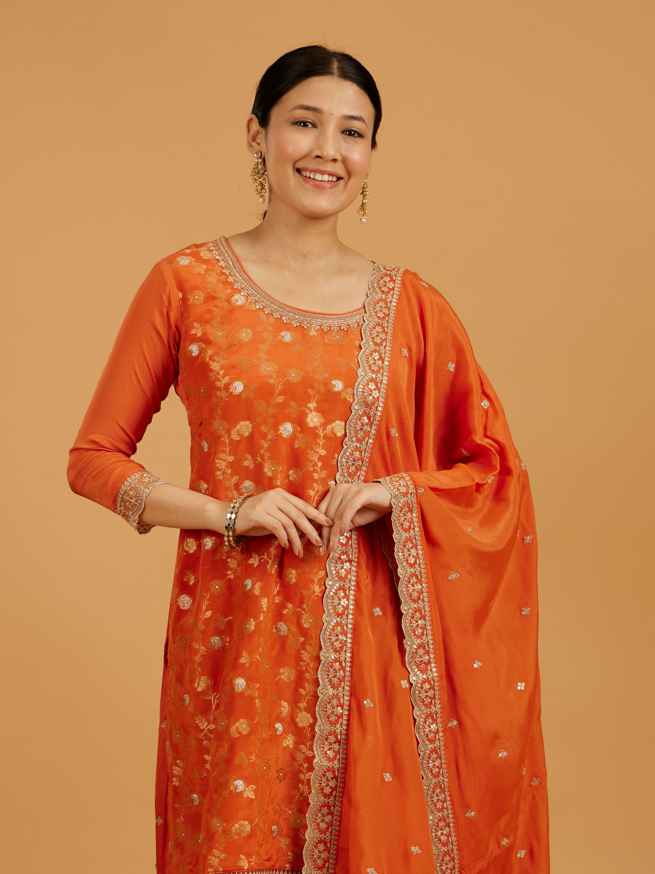 Mohey Women Pumpkin Orange Bel Buti Patterned Palazzo Suit with Floral Butas