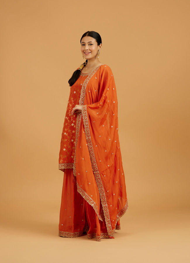 Mohey Women Pumpkin Orange Bel Buti Patterned Palazzo Suit with Floral Butas