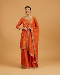 Mohey Women Pumpkin Orange Bel Buti Patterned Palazzo Suit with Floral Butas