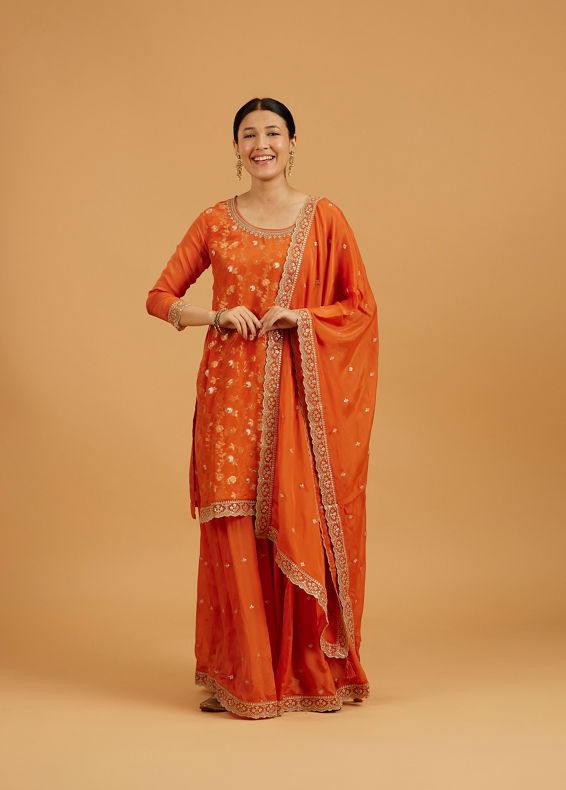 Mohey Women Pumpkin Orange Bel Buti Patterned Suit Set with Floral Butas