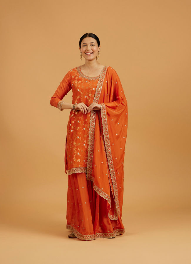 Mohey Women Pumpkin Orange Bel Buti Patterned Suit Set with Floral Butas image number 0