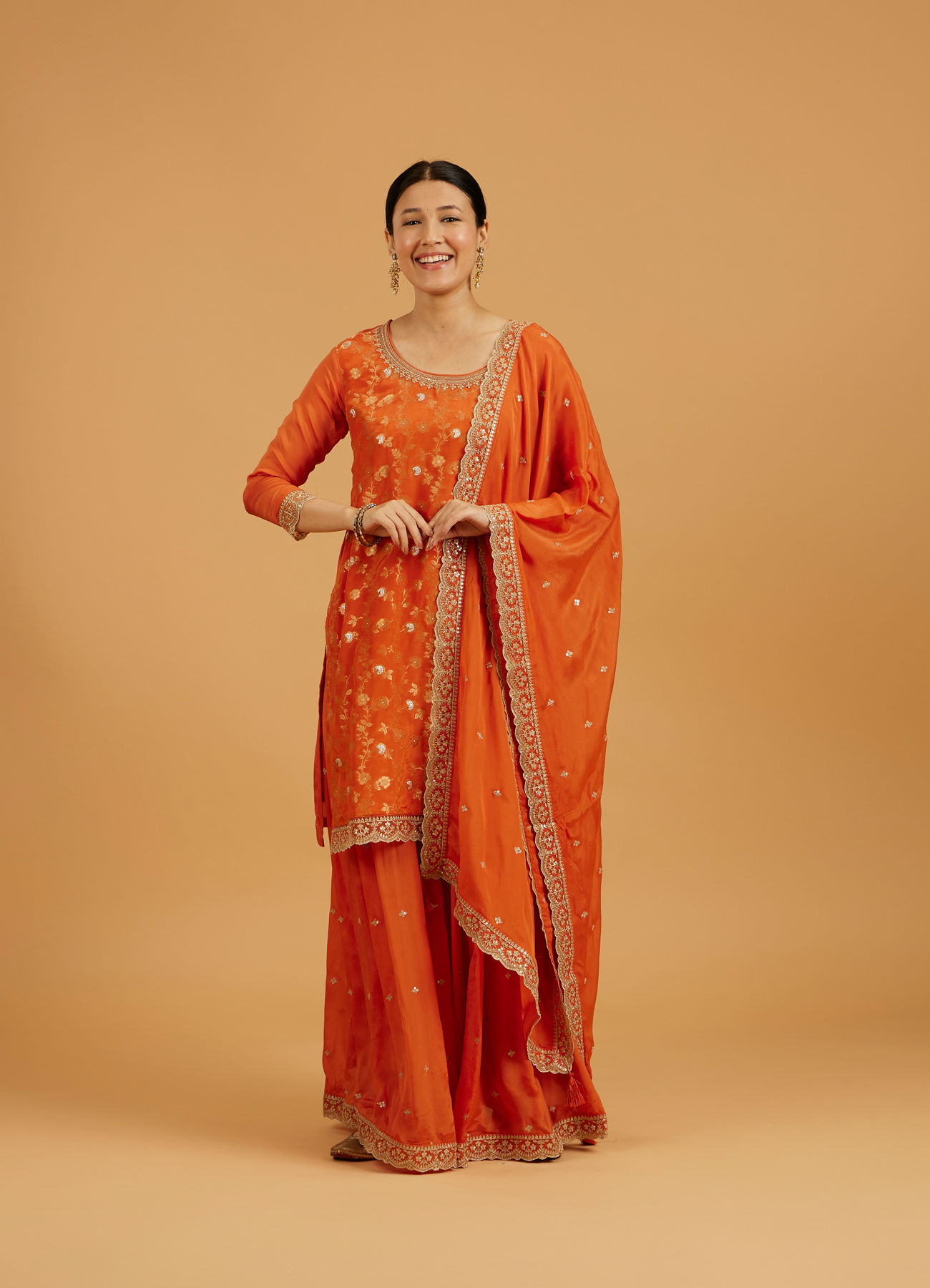 Mohey Women Pumpkin Orange Bel Buti Patterned Suit Set with Floral Butas