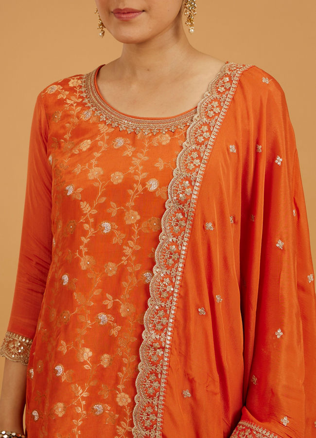 Mohey Women Pumpkin Orange Bel Buti Patterned Palazzo Suit with Floral Butas