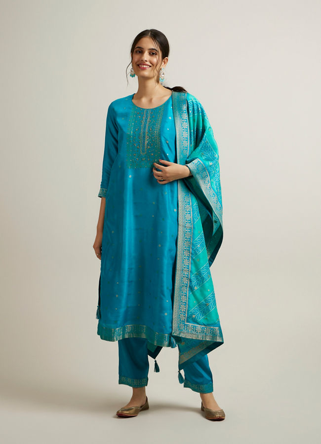 Mohey Women Teal Blue Buta Patterned Straight Suit