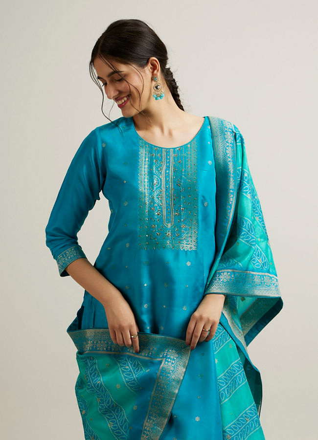Mohey Women Teal Blue Buta Patterned Straight Suit