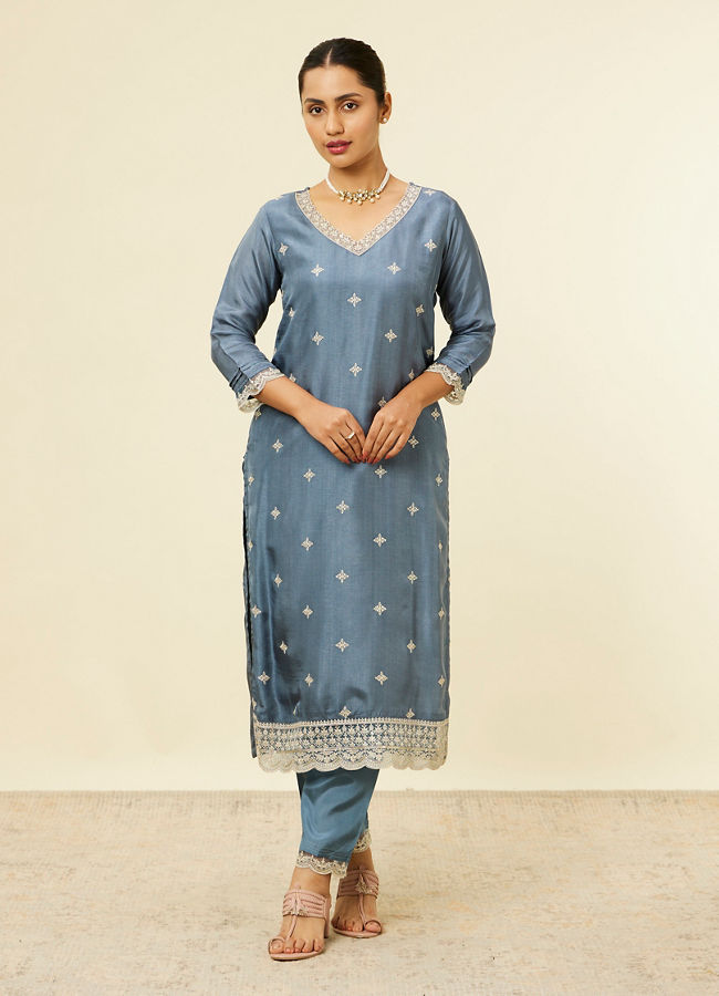 alt message - Mohey Women Dark Grey Buta Printed Pallazo Suit image number 0