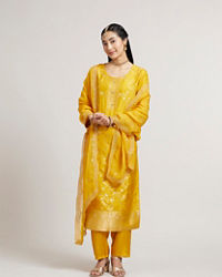 Mohey Women Mustard Yellow Floral Vine Patterned Straight Suit Set with Sequin Work