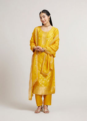 Mohey Women Mustard Yellow Floral Vine Patterned Straight Suit Set with Sequin Work