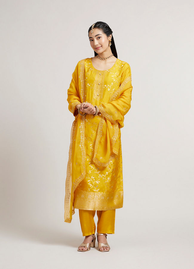 Mohey Women Mustard Yellow Floral Vine Patterned Straight Suit Set with Sequin Work