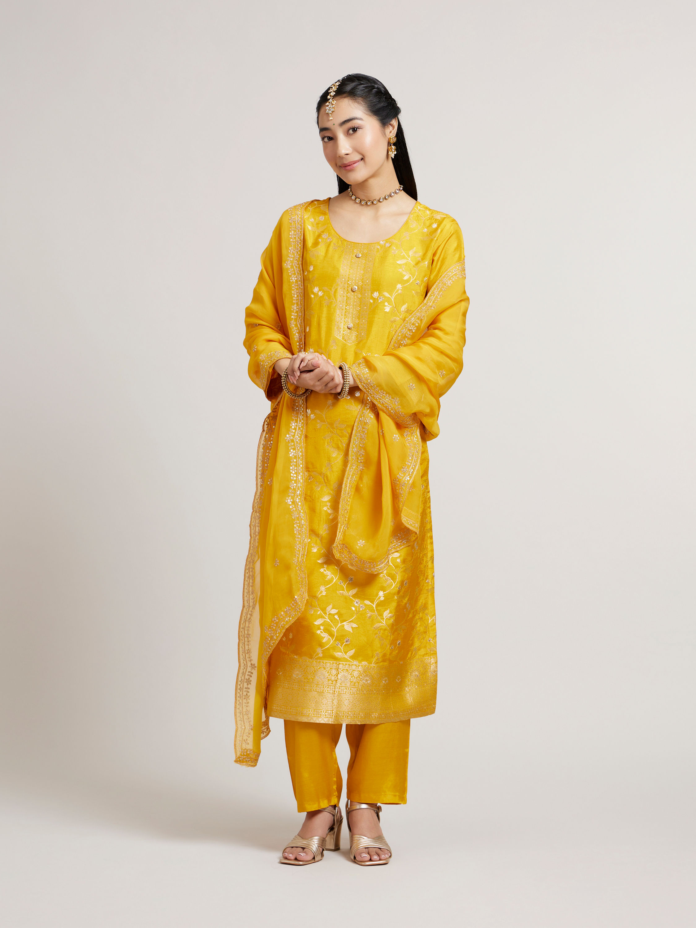 Mohey Women Mustard Yellow Floral Vine Patterned Straight Suit Set with Sequin Work
