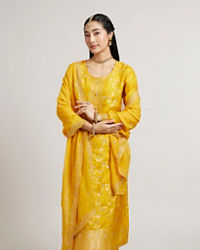 Mohey Women Mustard Yellow Floral Vine Patterned Straight Suit Set with Sequin Work