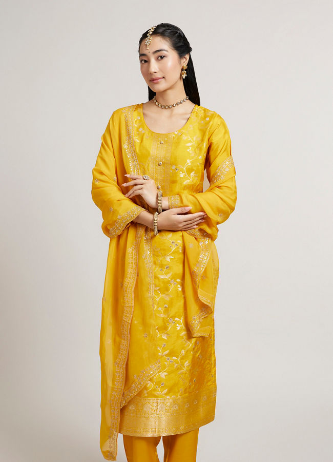 Mohey Women Mustard Yellow Floral Vine Patterned Straight Suit Set with Sequin Work