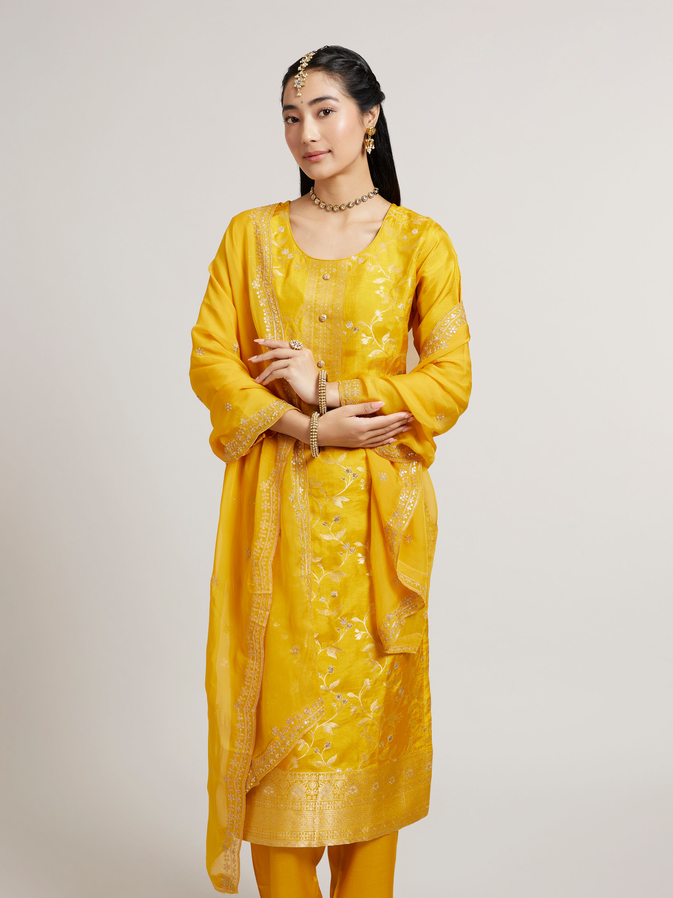 Mohey Women Mustard Yellow Floral Vine Patterned Straight Suit Set with Sequin Work
