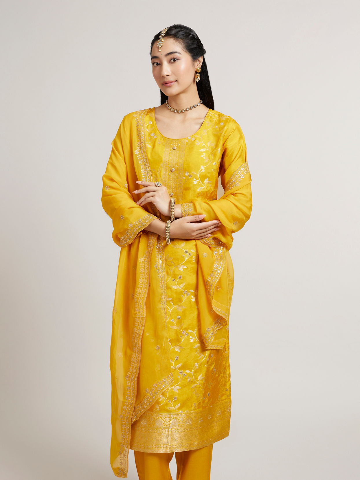 Mohey Women Mustard Yellow Floral Vine Patterned Straight Suit Set with Sequin Work