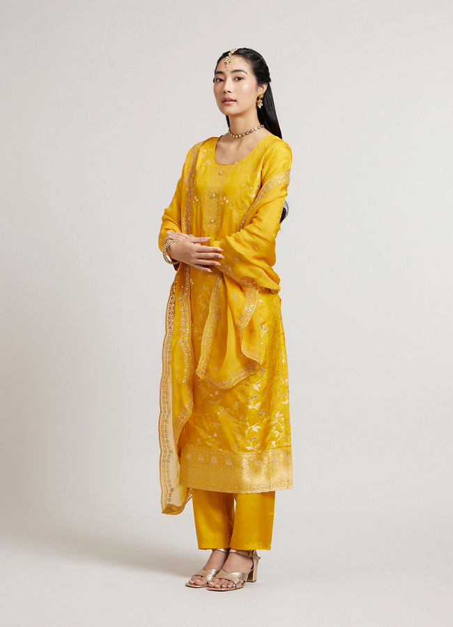 Mohey Women Mustard Yellow Floral Vine Patterned Straight Suit Set with Sequin Work