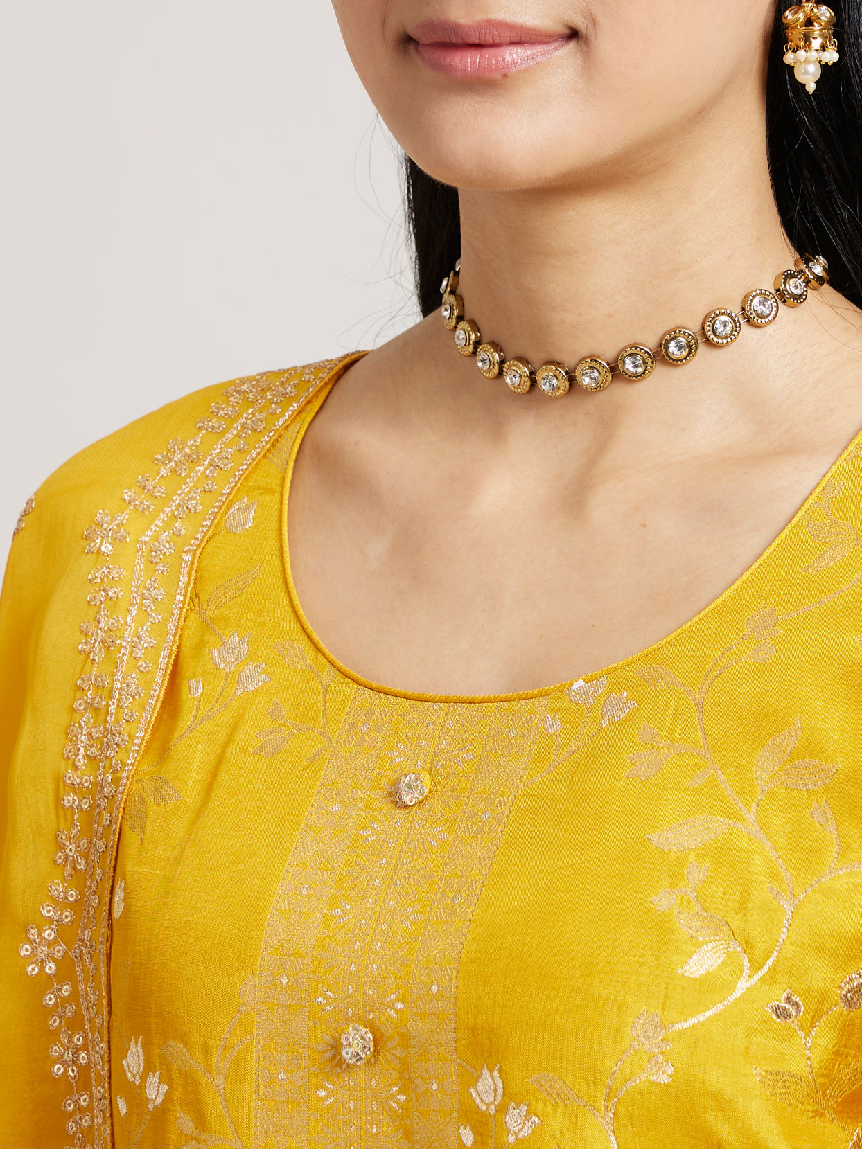 Mohey Women Mustard Yellow Floral Vine Patterned Straight Suit Set with Sequin Work