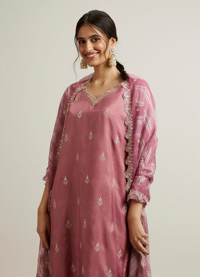 Mohey Women Dusty Pink Floral Buta Patterned Straight Suit