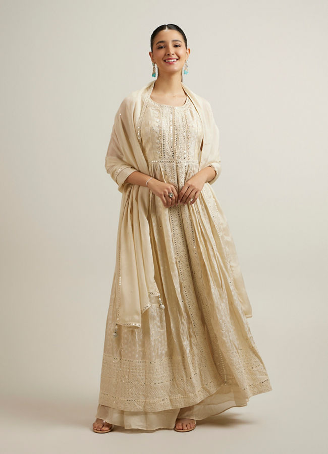 Mohey Women Cream Anarkali Suit with Zardosi Work
