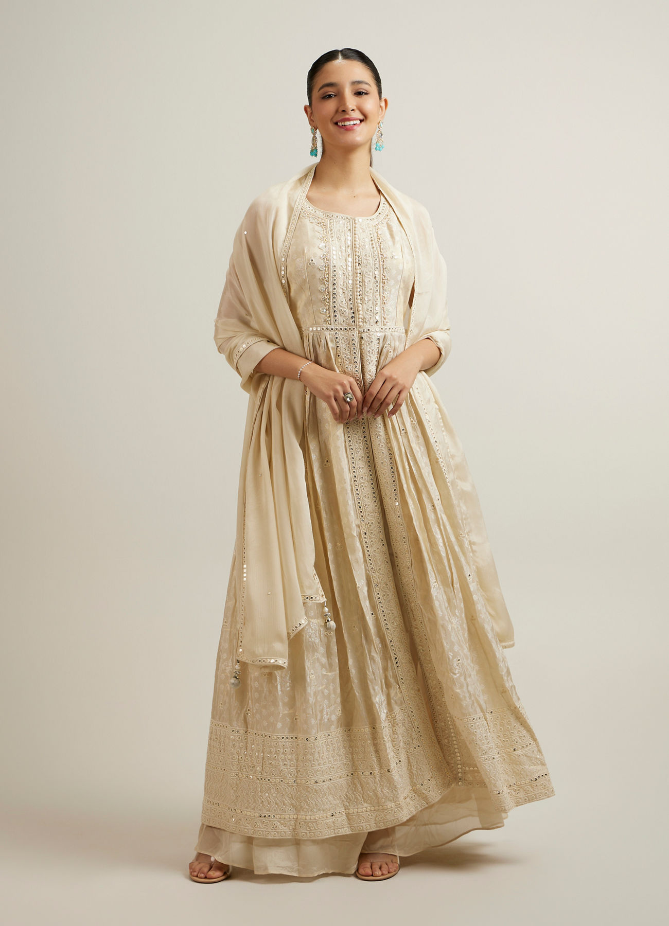 Mohey Women Cream Art Silk Stitched Suit with Zardosi Work