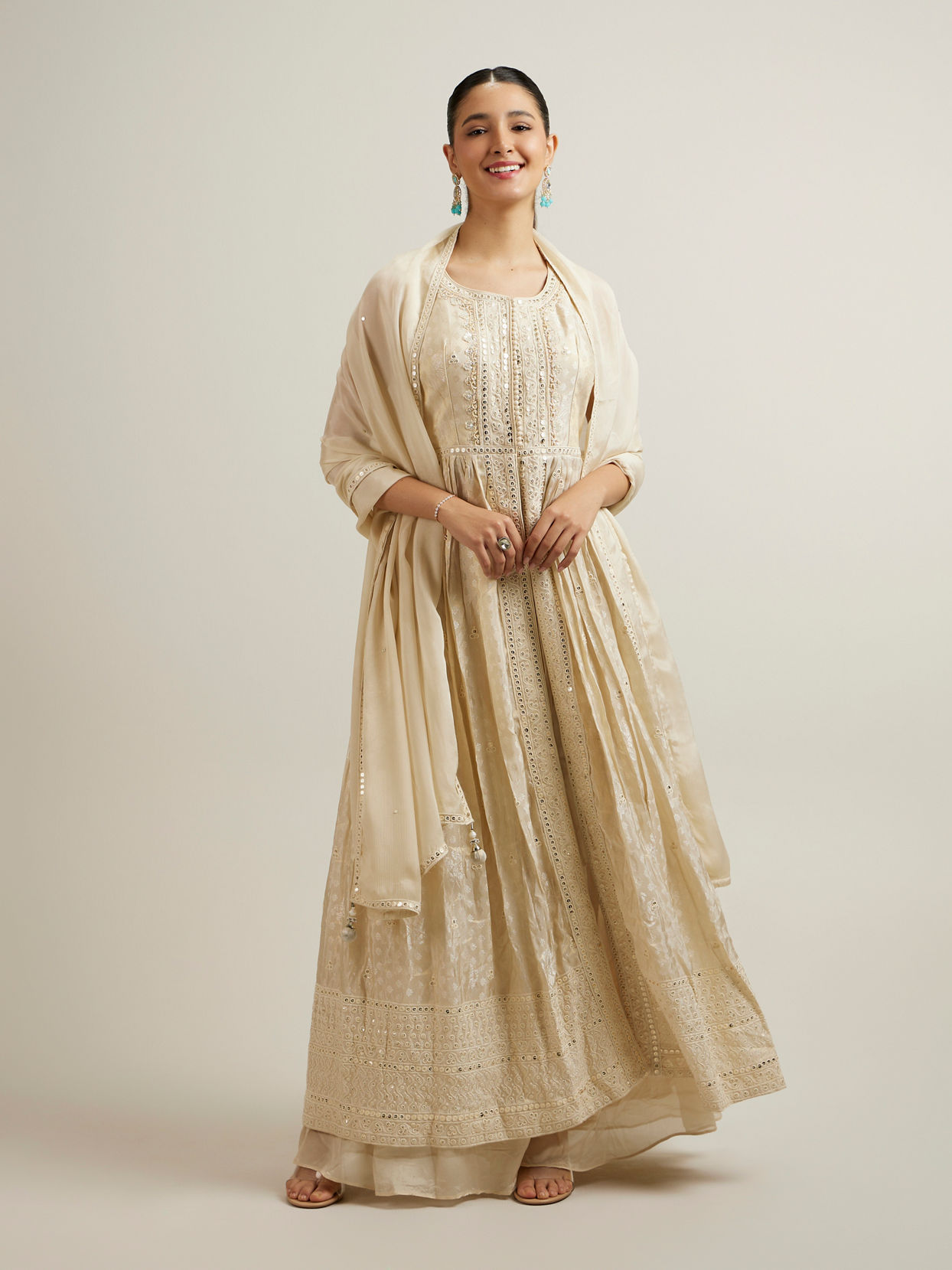 Mohey Women Cream Anarkali Suit with Zardosi Work