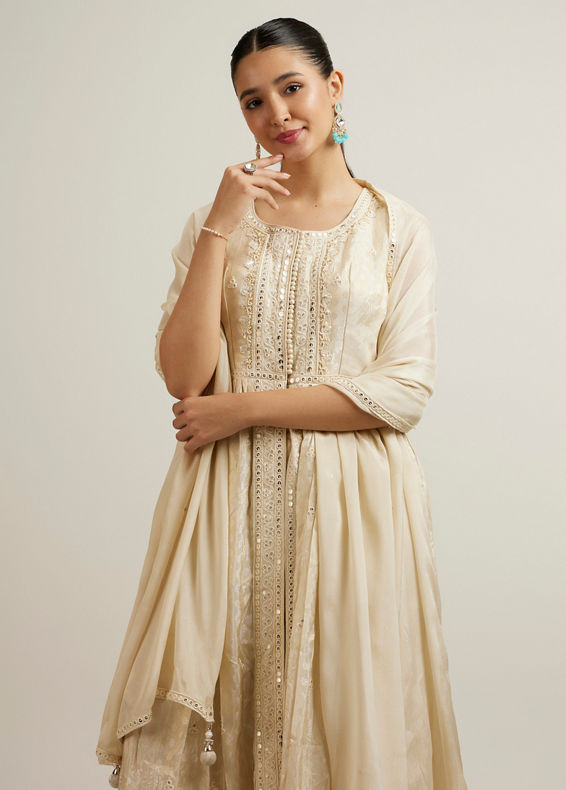 Mohey Women Cream Art Silk Anarkali Suit with Zardosi Work
