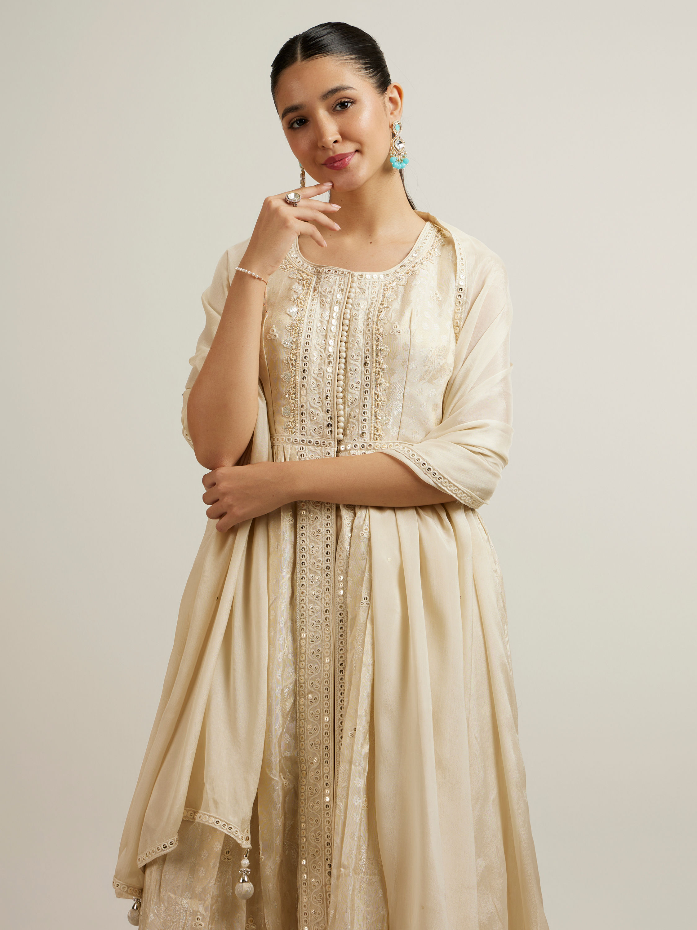 Mohey Women Cream Art Silk Stitched Suit with Zardosi Work