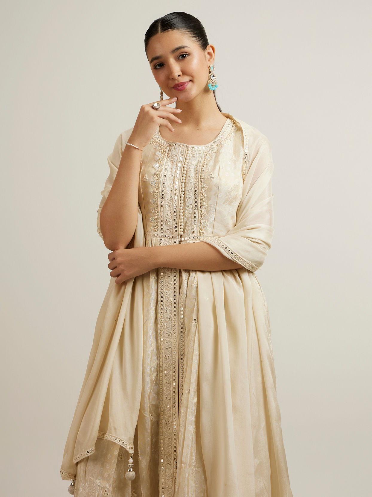 Mohey Women Cream Anarkali Suit with Zardosi Work