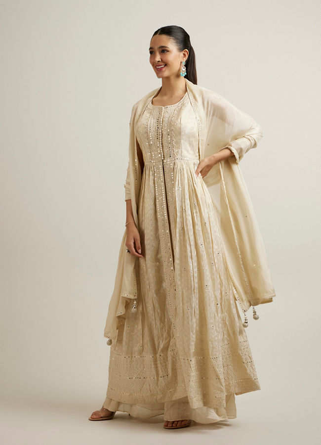 Mohey Women Cream Art Silk Stitched Suit with Zardosi Work