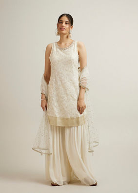 Mohey Women Cream Georgette Sharara Suit with Stone Work