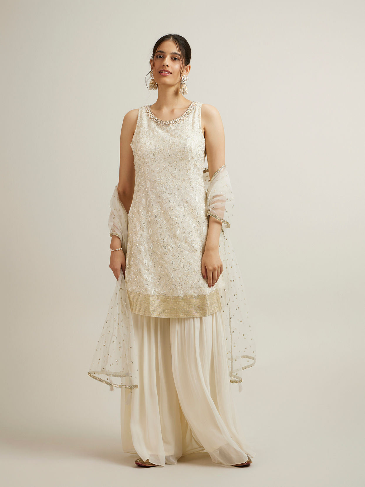 Mohey Women Cream Georgette Sharara Suit with Stone Work
