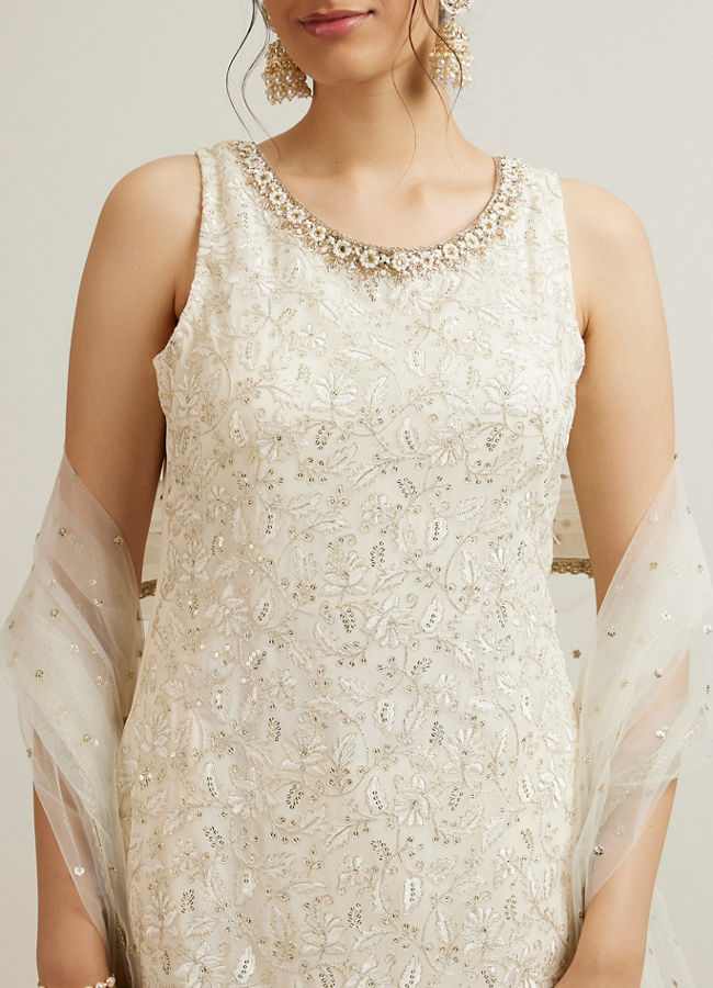 Mohey Women Cream Georgette Sharara Suit with Stone Work