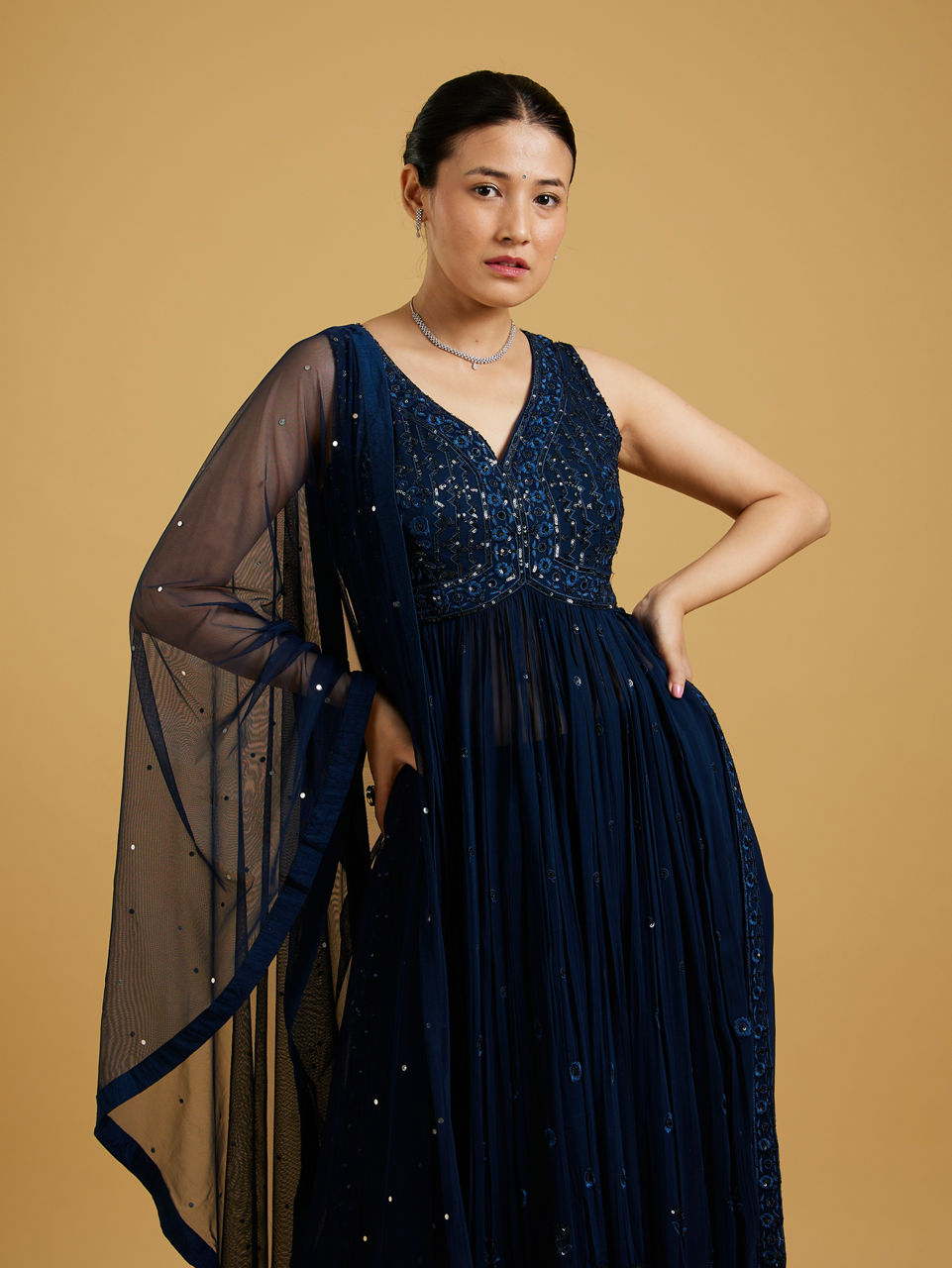 Mohey Women Teal Blue with Floral Embroidery & Sequins Work Anarkali Suit