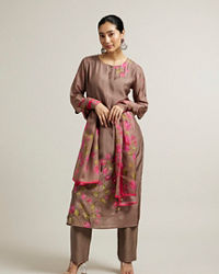 Mohey Women Light Brown Floral Printed Straight Suit with Sequin Work