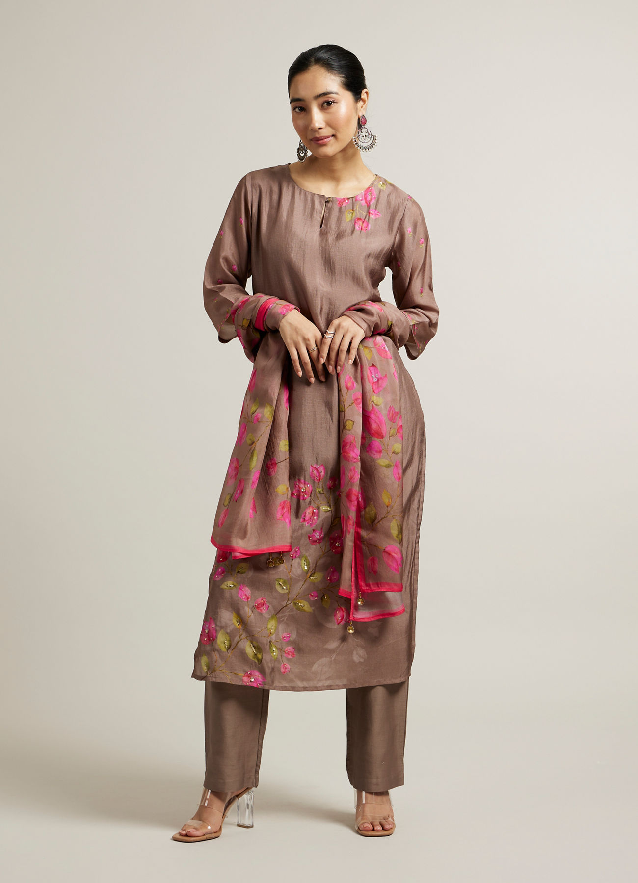 Mohey Women Light Brown Floral Printed Straight Suit with Sequin Work