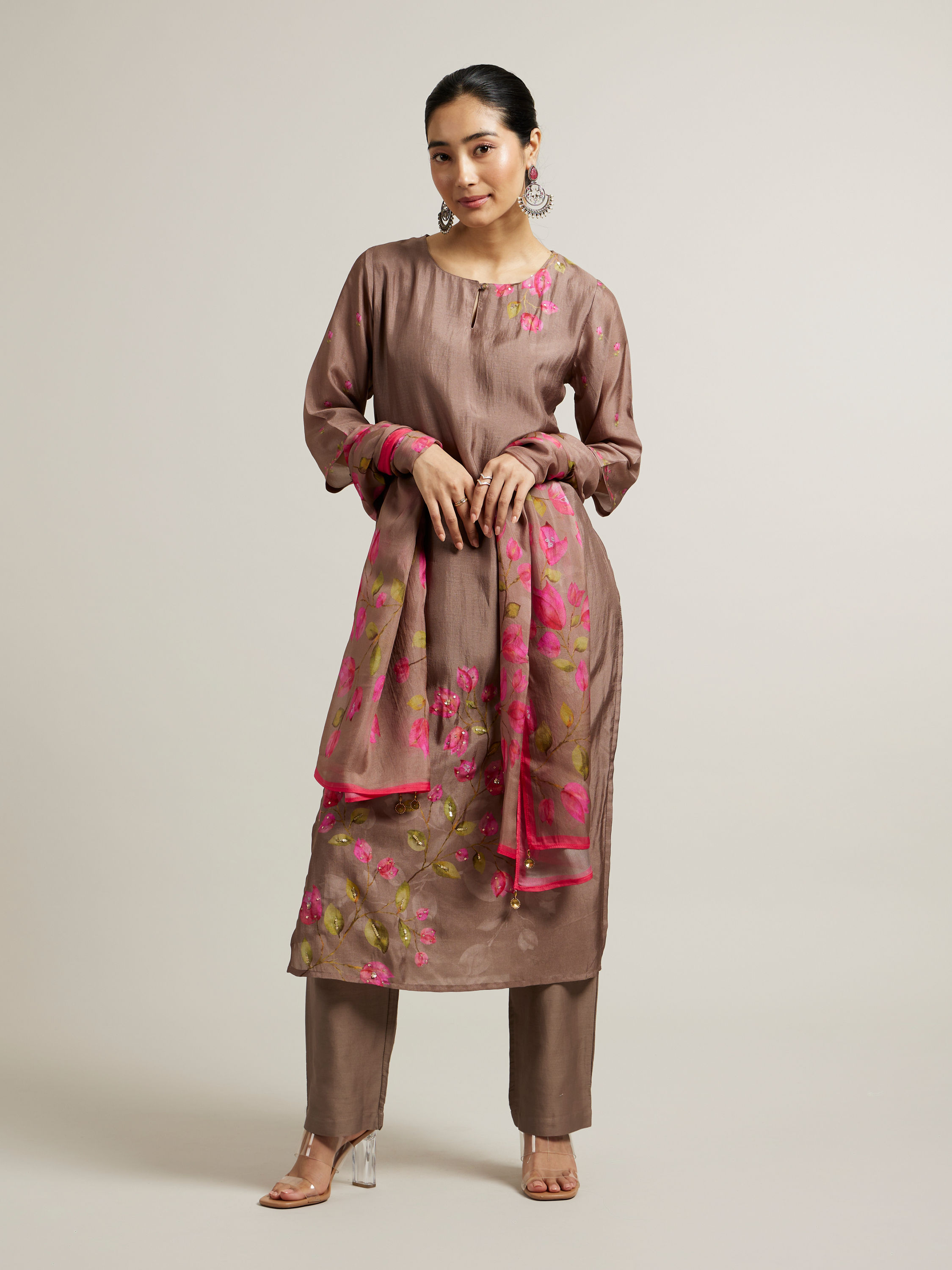 Mohey Women Light Brown Floral Printed Straight Suit with Sequin Work