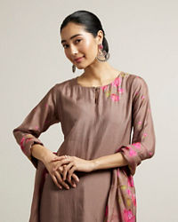 Mohey Women Light Brown Floral Printed Straight Suit with Sequin Work