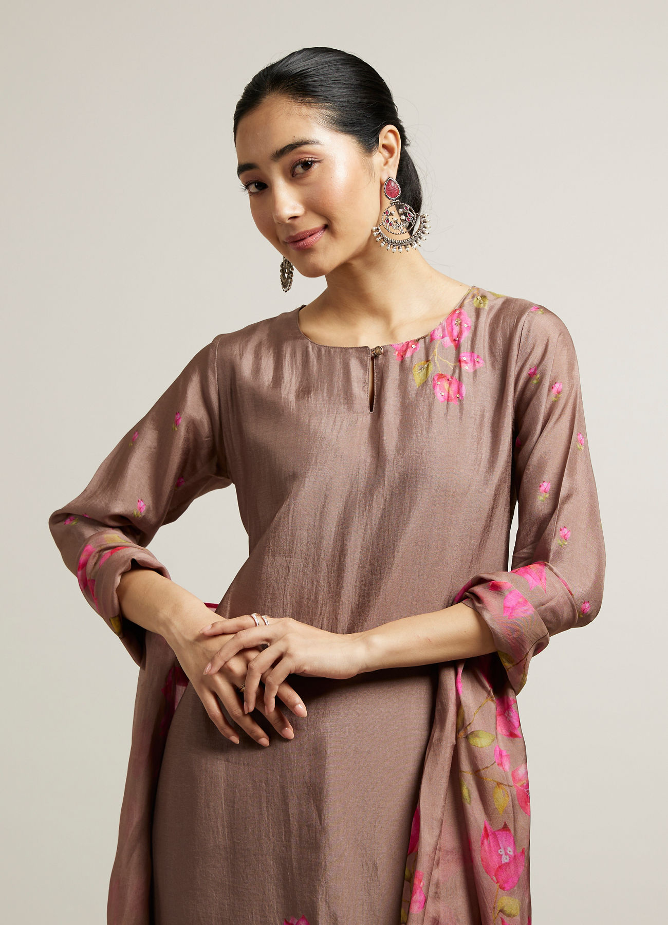 Mohey Women Light Brown Floral Printed Straight Suit with Sequin Work