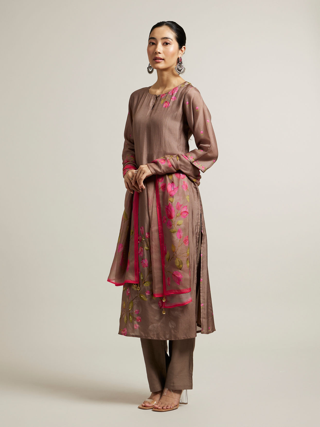 Mohey Women Light Brown Floral Printed Straight Suit with Sequin Work