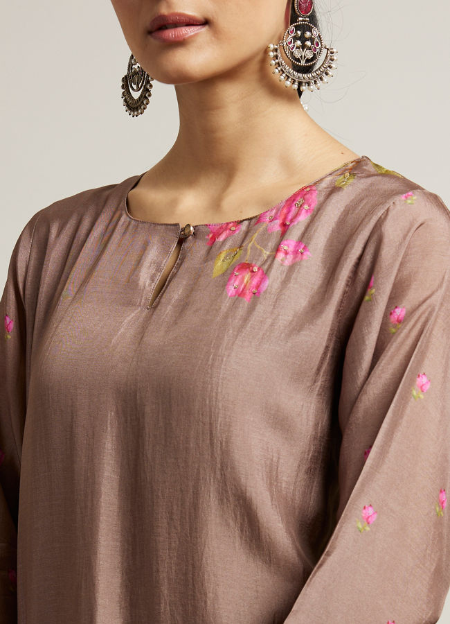 Mohey Women Light Brown Floral Printed Straight Suit with Sequin Work