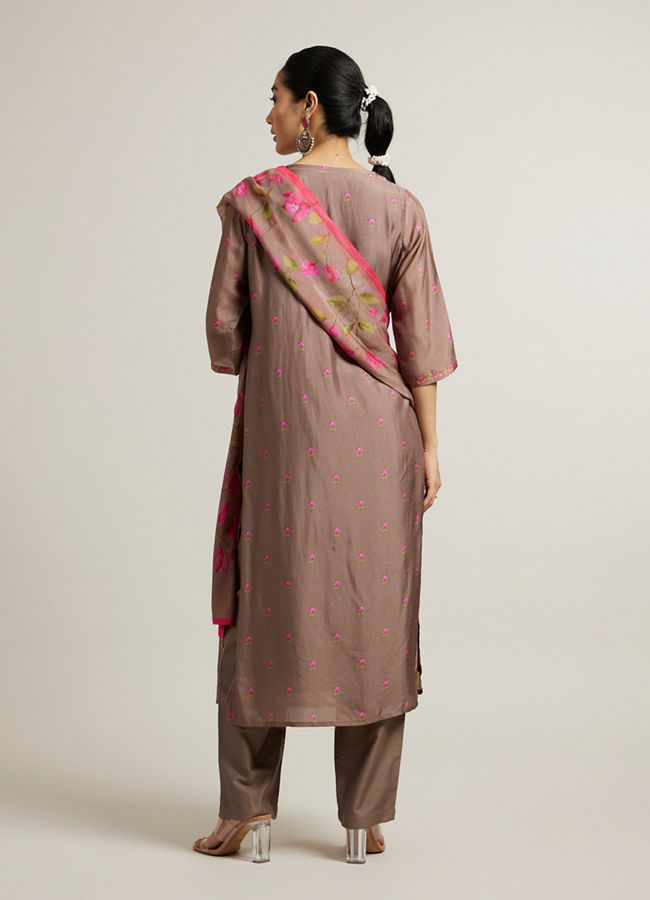Mohey Women Light Brown Floral Printed Straight Suit with Sequin Work