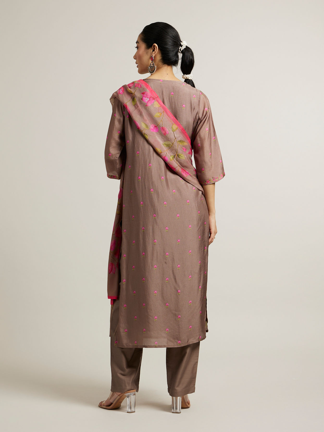 Mohey Women Light Brown Floral Printed Straight Suit with Sequin Work
