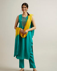 Mohey Women Green Blended Viscose Straight Suit with Stone Work