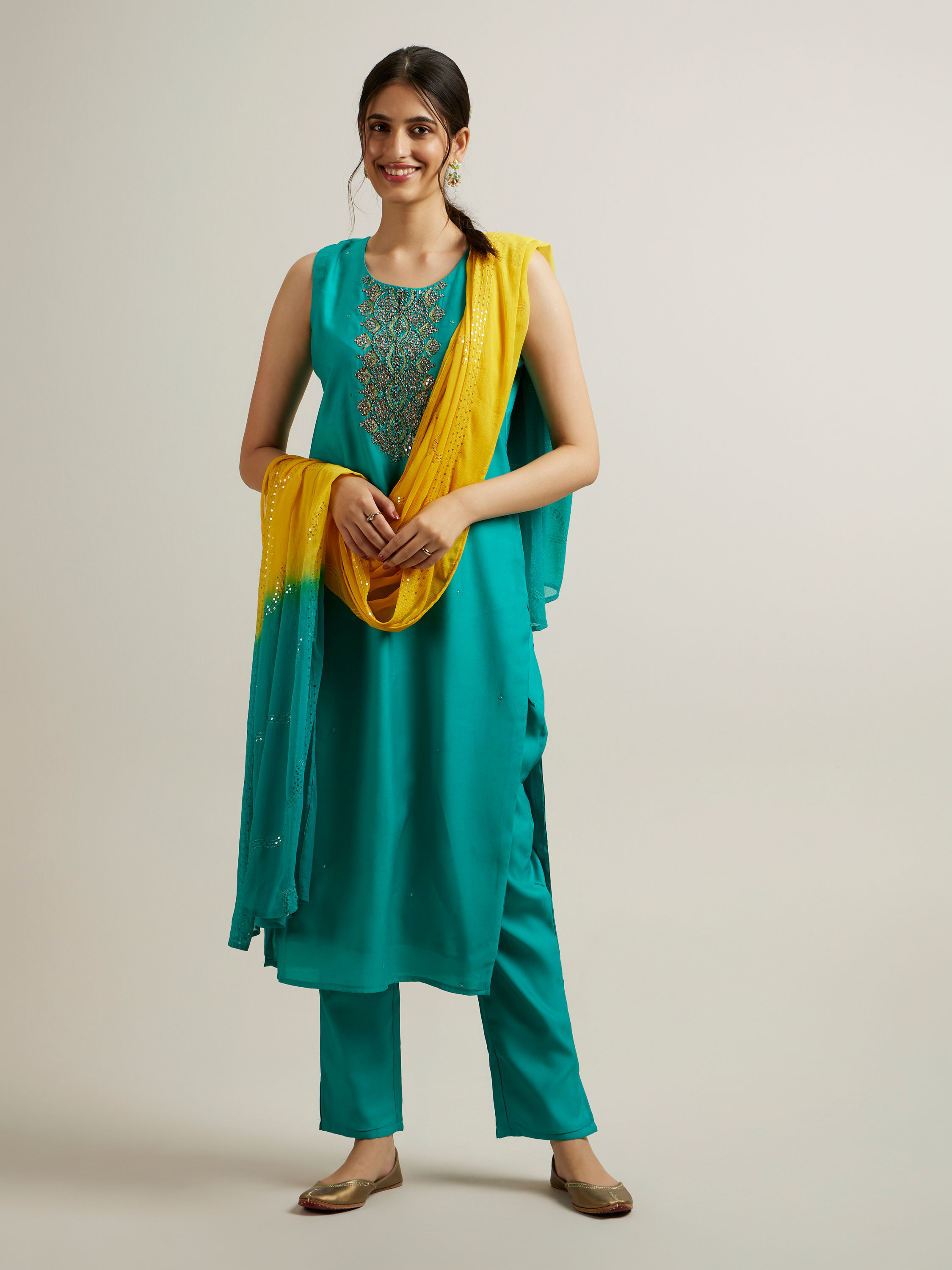 Mohey Women Green Blended Viscose Straight Suit with Stone Work