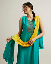 Mohey Women Green Blended Viscose Straight Suit with Stone Work