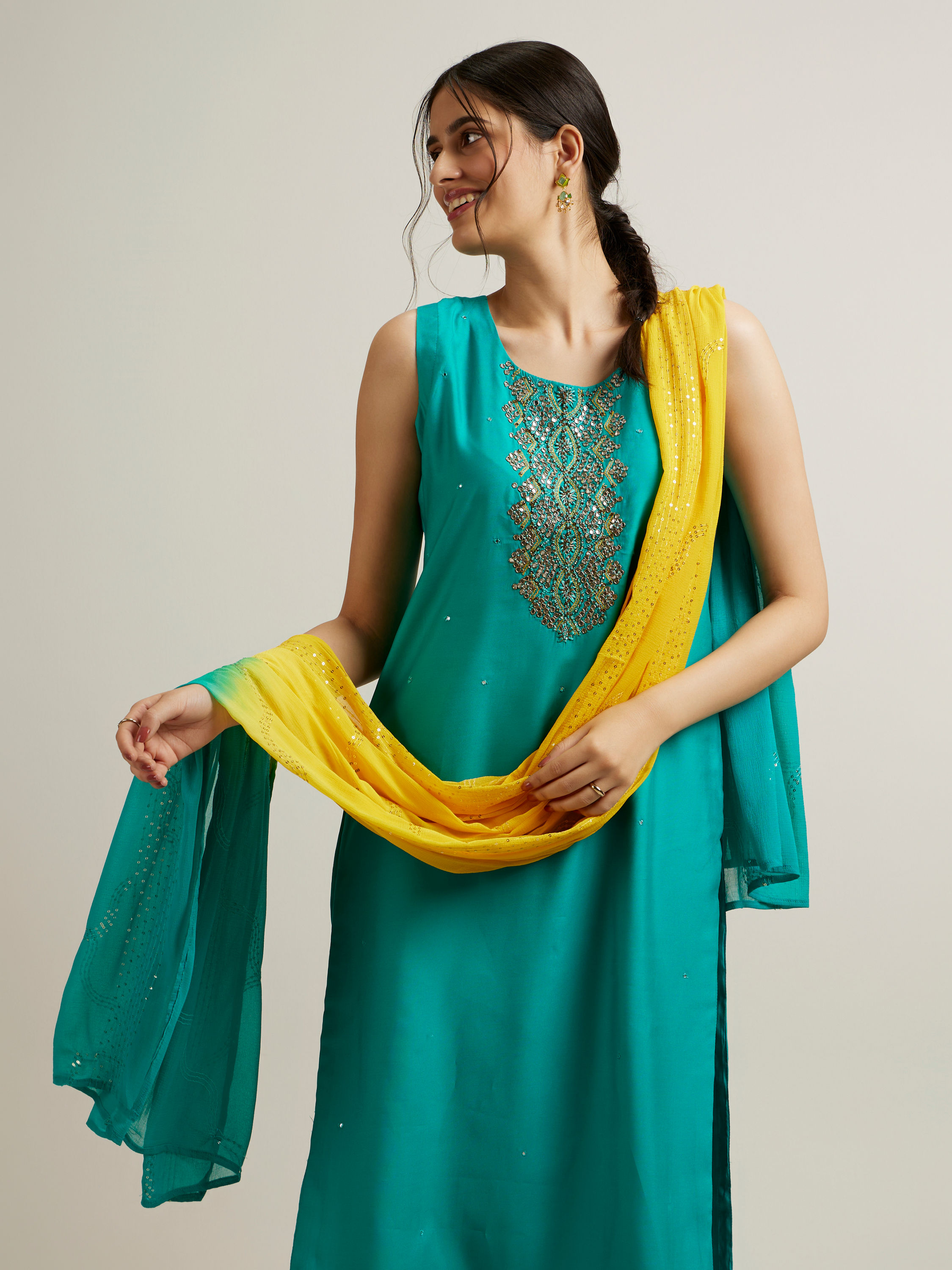 Mohey Women Green Blended Viscose Straight Suit with Stone Work