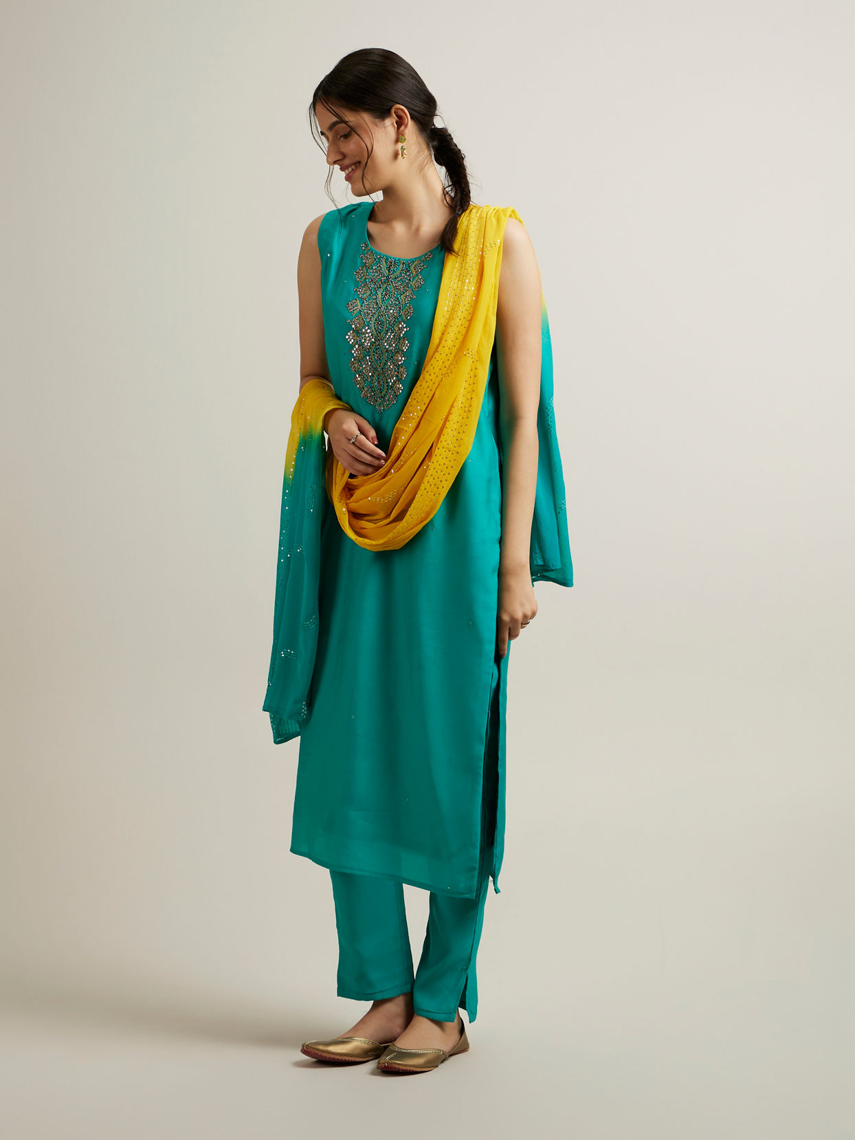 Mohey Women Green Blended Viscose Straight Suit with Stone Work