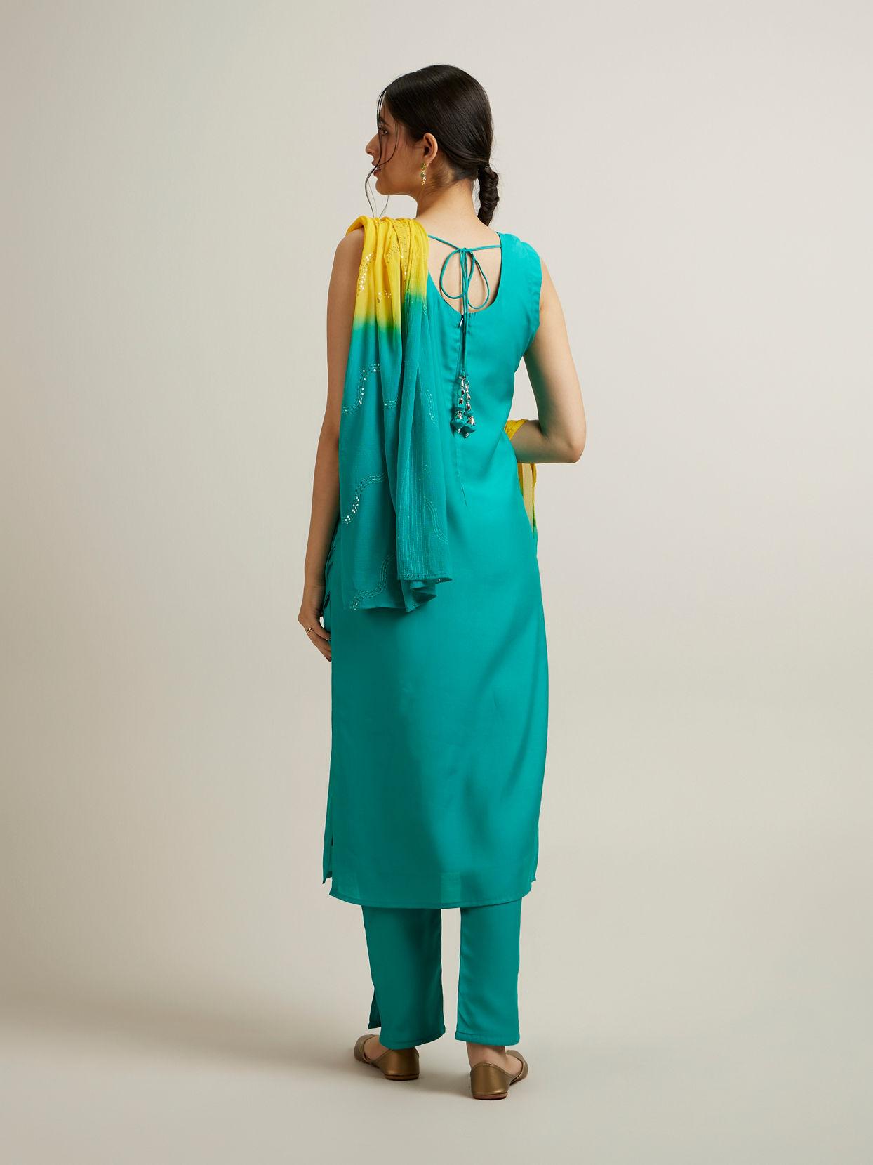 Mohey Women Green Blended Viscose Straight Suit with Stone Work